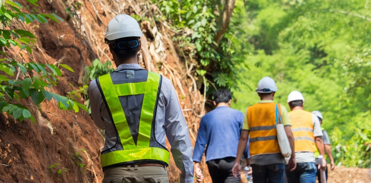 A group of construction workers walk down a forest path. A group of construction workers walk down a forest path.