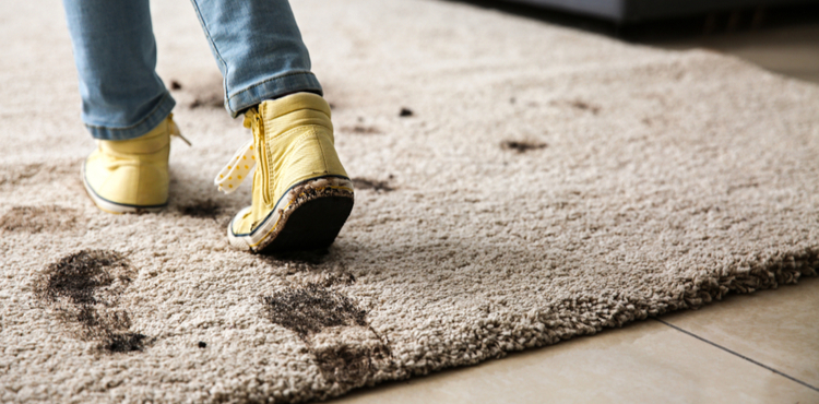 Child in muddy shoes walking across rug. Child in muddy shoes walking across rug.