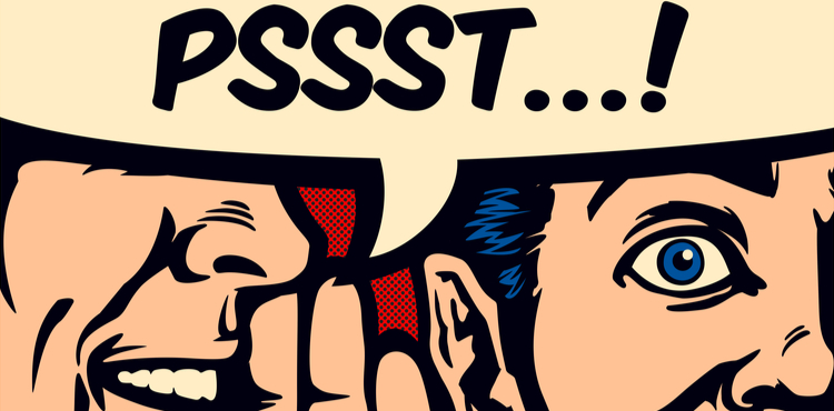 A man tells another man a secret in a comic book strip. A man tells another man a secret in a comic book strip.