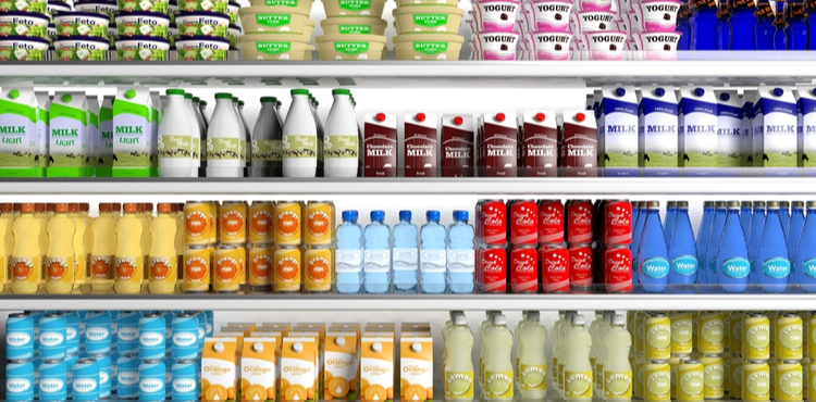 Colorful products on a grocery shelf. Colorful products on a grocery shelf.