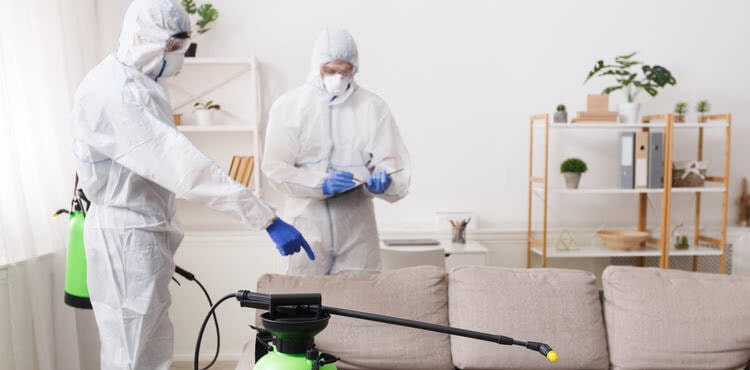 Two cleaners in protective gear using cleaning solution Two cleaners in protective gear using cleaning solution