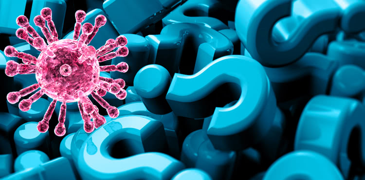 Magnified view of virus in front of question marks Magnified view of virus in front of question marks