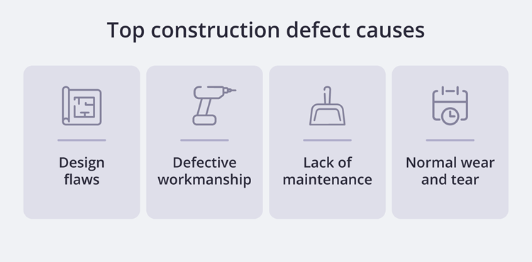 Top construction defect causes. Top construction defect causes: design flaws, defective workmanship, lack of maintenance, normal wear and tear.