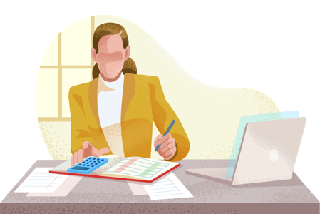 Bookkeeper working at desk with calculator, record book, and laptop. Bookkeeper working at desk with calculator, record book, and laptop.