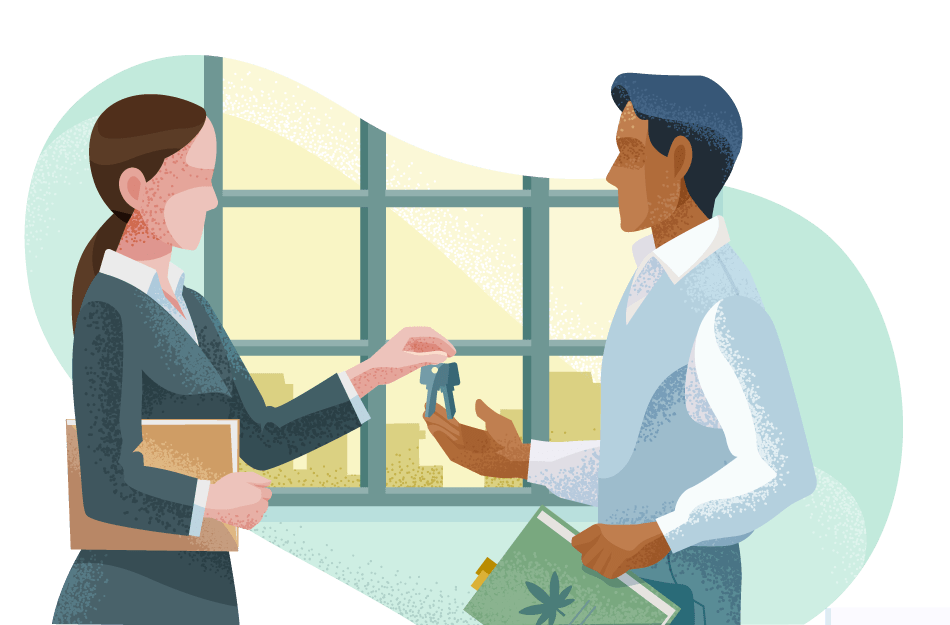 Property owner handing keys to cannabis business owner.