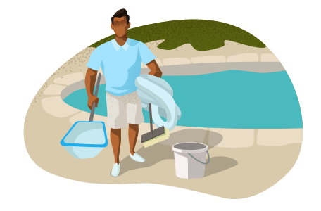 Man standing next to pool with net, bucket, and other supplies.