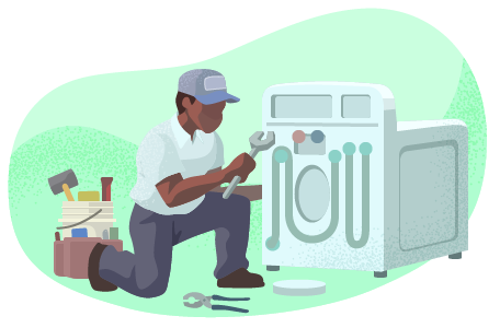 Man with wrench working on washing machine.