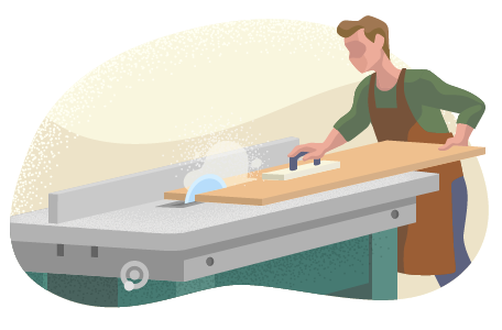 Man cutting a board on a table saw. Man cutting a board on a table saw.