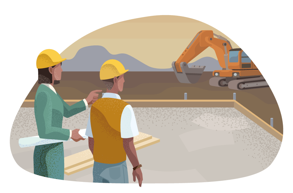 Two commercial builders overseeing a construction site with an excavator.
