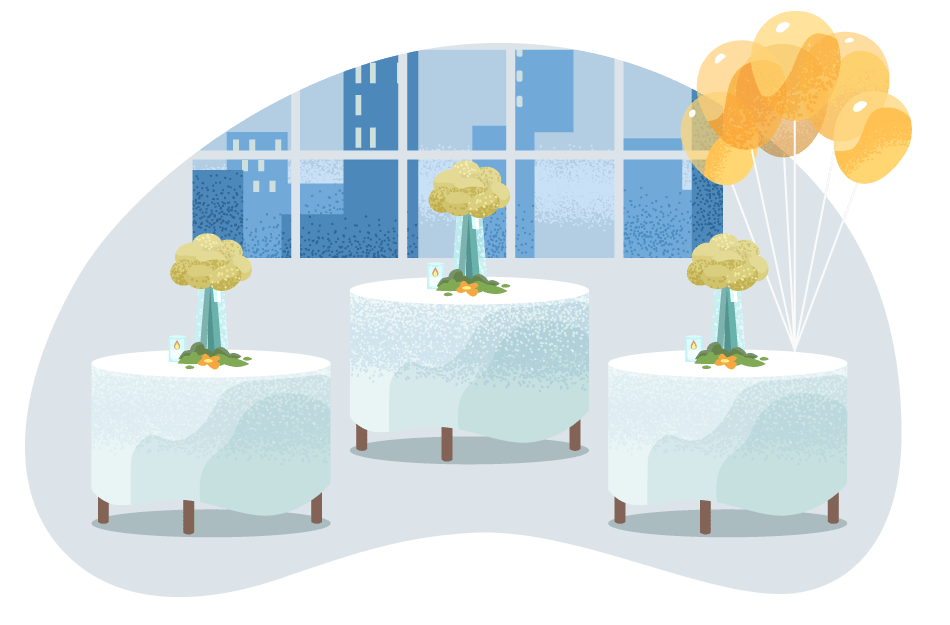 Decorated tables and balloons in a banquet hall.
