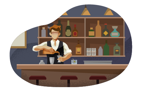 Bartender with cocktail shaker and drink.