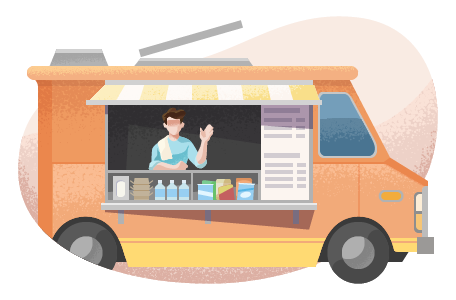 Worker waving inside a food truck.