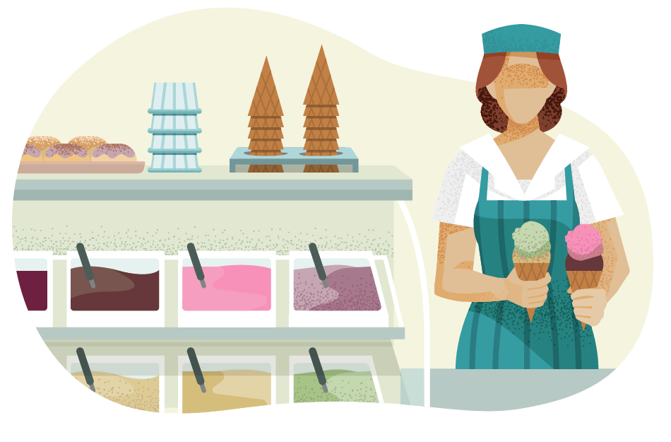 Ice cream shop worker serving ice cream cones.