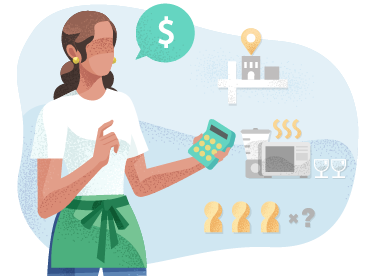 Owner of a food and beverage business calculating costs. Owner of a food and beverage business calculating costs.