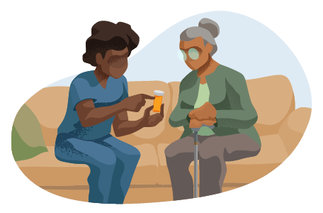 Home healthcare provider administering medication to an elderly client.