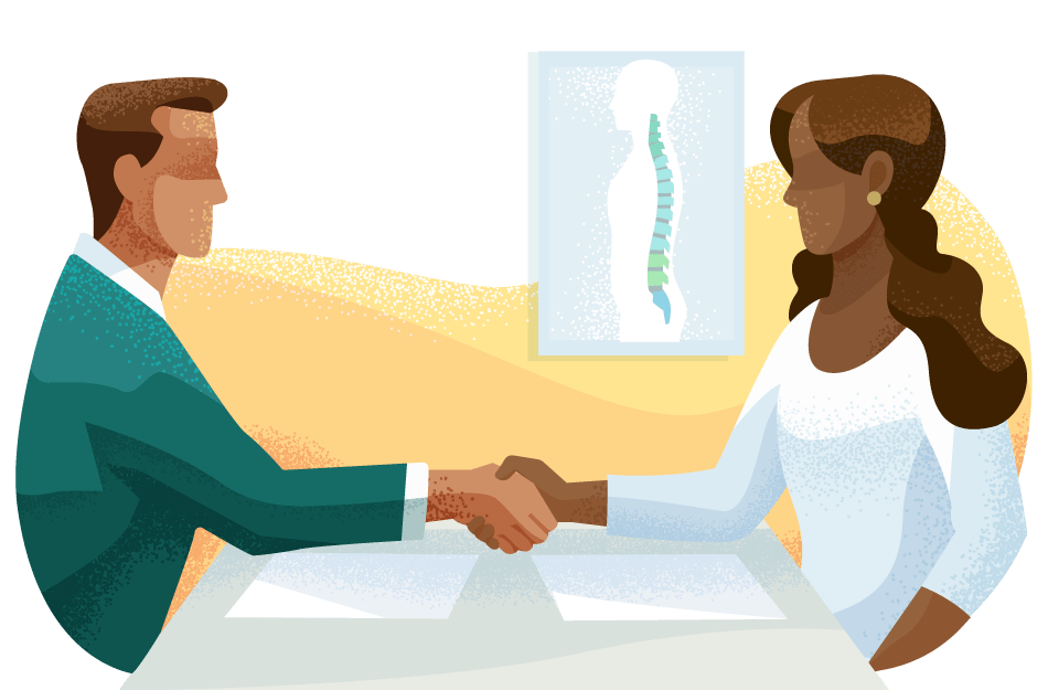 An employee shaking hands with a recruiter in a medical staffing agency.