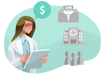 Healthcare professional below a thought bubble with a dollar sign. Healthcare professional below a thought bubble with a dollar sign.