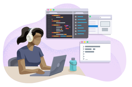 Web developer with headphones working at laptop.
