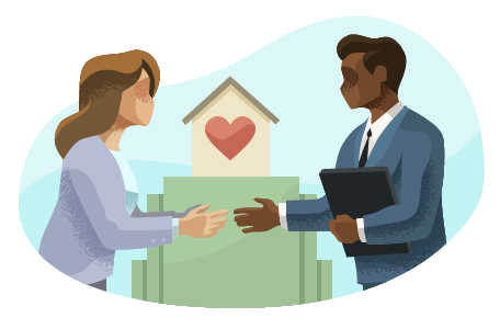 Two people shaking hands in front of building with a heart on it.