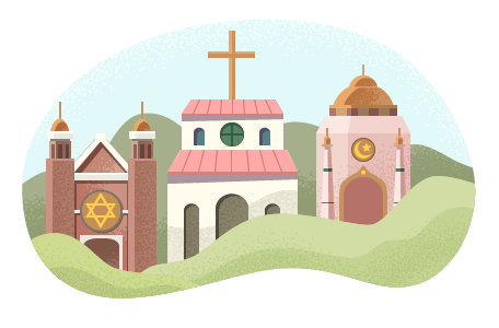 A synagogue, church, and mosque side by side.