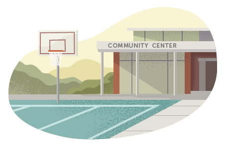 A community center with a basketball court in front.