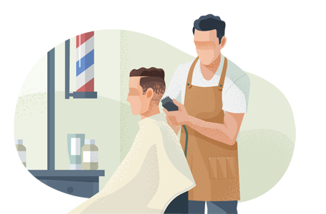 Barber using hair clippers on a male customer.