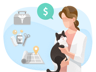 Woman holding cat considering costs of pet services.
