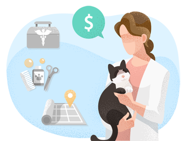 Woman holding cat considering costs of pet services. Woman holding cat considering costs of pet services.