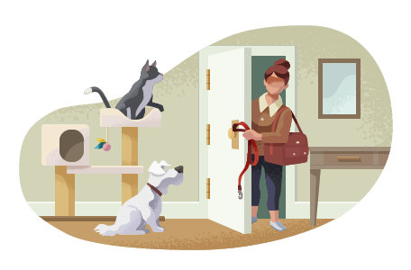 Pet sitter opening door of apartment with a dog and cat.