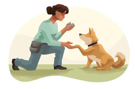 Pet trainer kneeling down and shaking a dog's paw.