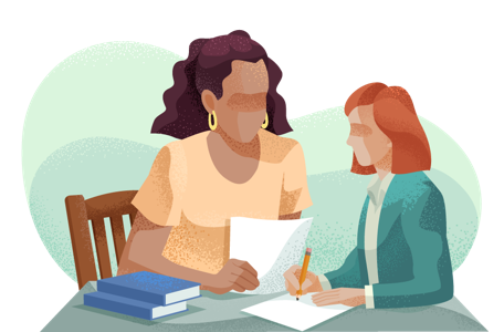 Woman tutoring a child with books, paper, and pencil. Woman tutoring a child with books, paper, and pencil.
