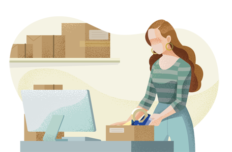 Online retailer packing items into a box.