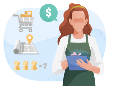 Retailer with a clipboard calculating the cost of business insurance.