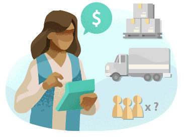Woman calculating wholesale costs with cargo, truck, and people.