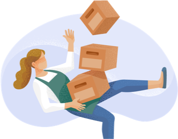 Woman tripping and dropping boxes.