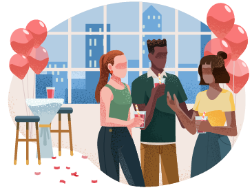 Group of three coworkers socializing at a party. Group of three coworkers socializing at a party.