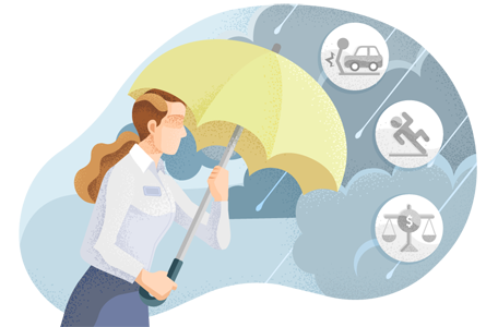 Woman holding umbrella in a storm with icons of auto collision, falling, and scales of justice.