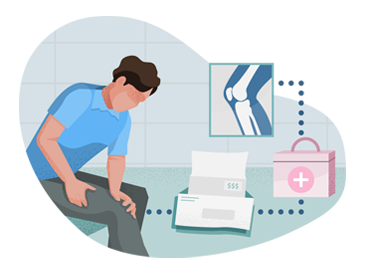 Injured worker with icons representing medical treatment and bills.