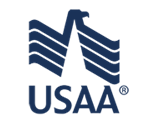 The logo for USAA in blue. The logo for USAA in blue.