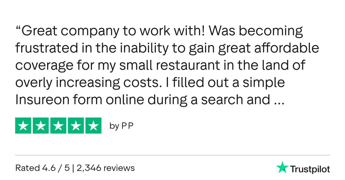 Trustpilot 5 star review from Insureon customer "PP" Trustpilot 5 star review from Insureon customer "PP"