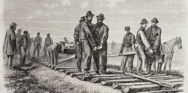 A lithograph of railroad workers.