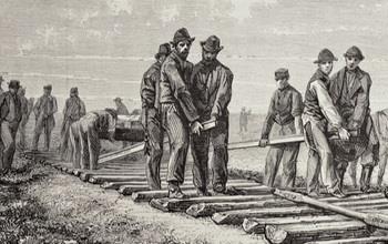 A lithograph of railroad workers.