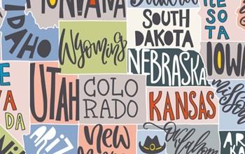 A colorful and stylized map of the United States.