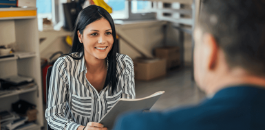 Female consultant speaking with client.