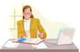 Bookkeeper working at desk with calculator, record book, and laptop.
