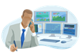 Stockbroker in front of monitors showing stock market charts.