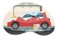 Red car with soap suds and bucket at car wash.