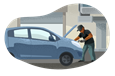 Mechanic working on blue car in a shop.