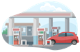 Red car filling up at a gas station.
