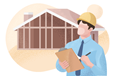 Building inspector with clipboard looking at house.
